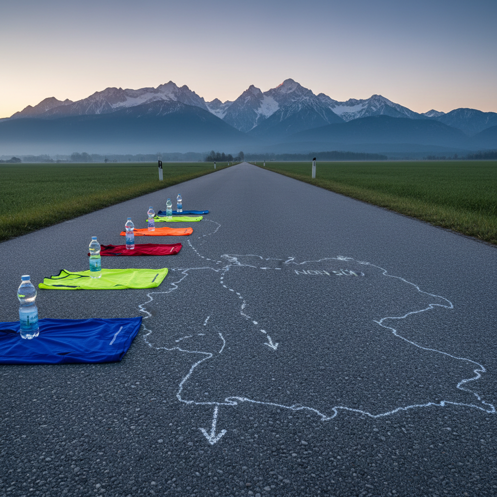 A cinematic photographic realism scene of an empty asphalt road stretching straight toward distant Bavarian Alps, with six evenly spaced, brightly colored running vests laid across the road’s shoulder, each vest weighted by a filled water bottle. Faint chalk markings on the road subtly outline a north-to-south path through Germany. Early morning light with a cool, crisp quality casts long, defined shadows from the vests and roadside markers, accentuating texture in the asphalt and surrounding grass. Shot from a very low, ground-level angle, the road leads the eye powerfully into the mountains, creating a bold, determined atmosphere that evokes endurance, progression, and the relentless forward drive of a relay team.