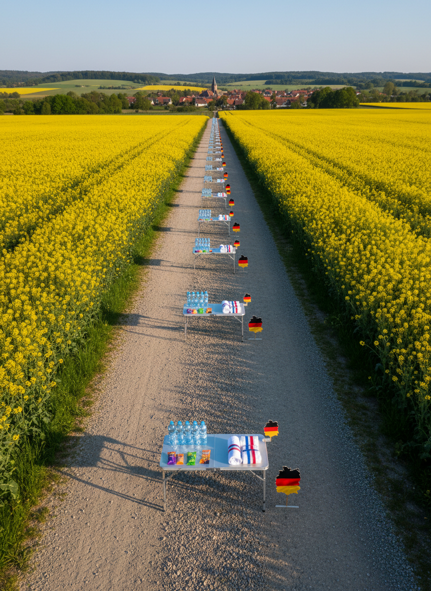 A wide, photographic realism panorama of a long gravel path cutting through the open German countryside, bordered by yellow rapeseed fields and distant village rooftops. Along the path, six evenly spaced water stations are set up: small foldable tables holding neatly aligned bottles, energy gels, and rolled towels in coordinated, bold colors. Each station displays a small, stylized north-to-south route marker shaped like Germany. Late afternoon sunlight creates strong side lighting, casting elongated shadows from tables and bottles that emphasize depth and distance. Shot from an elevated angle to reveal the stations receding far into the landscape, the composition feels organized, determined, and focused on the relentless, structured progress of a long relay run.
