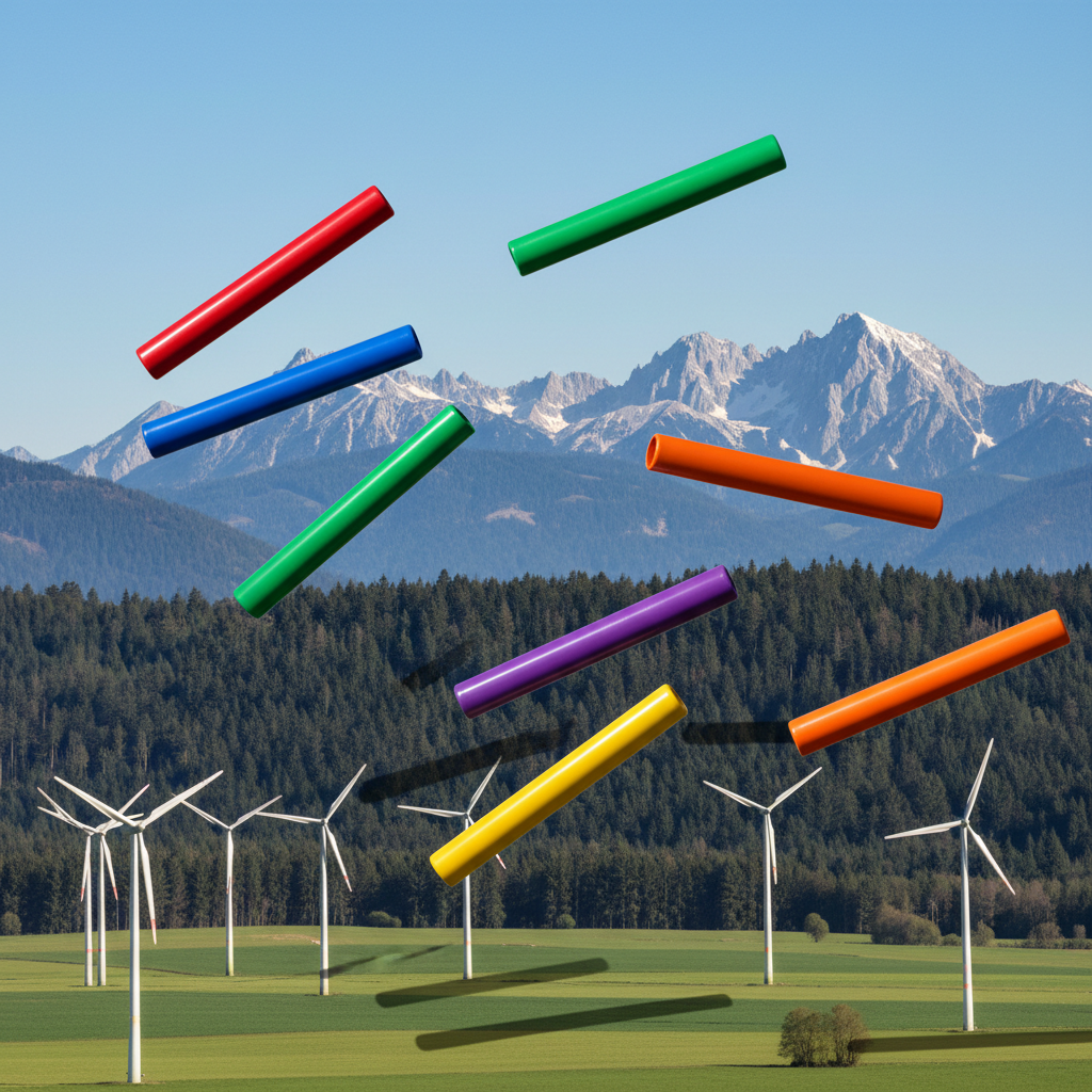 A dynamic photographic realism shot of six brightly colored relay batons captured mid-air, frozen in different positions as if passed from one unseen runner to another, against a sweeping backdrop of varied German landscapes seamlessly blended from north to south. The background transitions from flat green fields with wind turbines to dense dark forests and finally to jagged, snow-dusted Alpine peaks. Strong, crisp midday sunlight emphasizes the batons’ glossy surfaces and creates distinct shadows on the terrain below. Framed from a slightly low angle, with the batons streaking diagonally across the sky, the composition feels bold, energetic, and focused on relentless forward movement and endurance across an entire country.