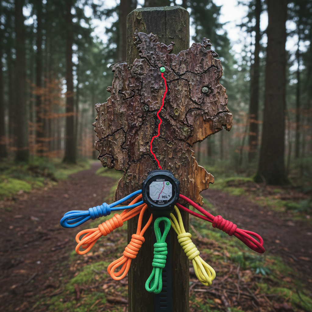 A bold photographic realism close-up of a GPS sports watch resting on a rough wooden trail marker carved in the shape of Germany, mounted beside a forest path. The watch display shows a nearly completed north-to-south line segment, symbolizing deep progress in a long relay. Surrounding the marker, six neatly coiled, brightly colored shoelaces radiate outward like spokes, each a different color. Soft, diffused overcast forest light filters through tall trees, creating gentle highlights on the watch glass and damp bark textures. Captured from a slightly elevated angle with shallow depth of field, the marker and watch are in sharp focus while the path fades into a moody blur, conveying grit, endurance, and focused determination.