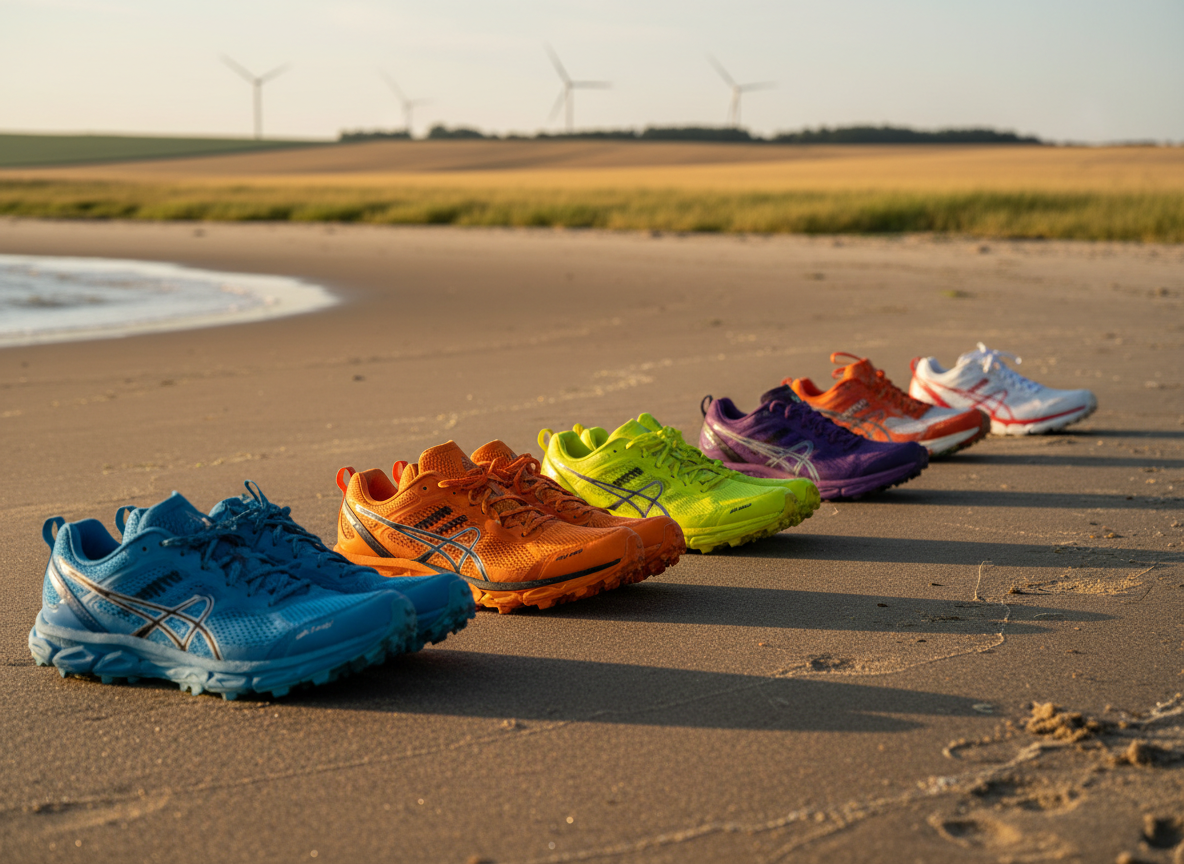 A photographic realism image of six pairs of running shoes, each distinct in color and tread pattern, lined up at the edge of a sandy Baltic Sea shoreline that curves into the distance, subtly suggesting Germany’s northern coast. The shoes face inland toward faint, hazy silhouettes of rolling fields and distant wind turbines. Late afternoon golden hour sunlight casts long, dramatic shadows behind the shoes and glints off damp sand textures and reflective shoe accents. Captured from a low, eye-level perspective with the shoes in sharp focus and the horizon slightly blurred, the mood is bold, anticipatory, and full of forward momentum, symbolizing the start of an epic relay run across Germany.