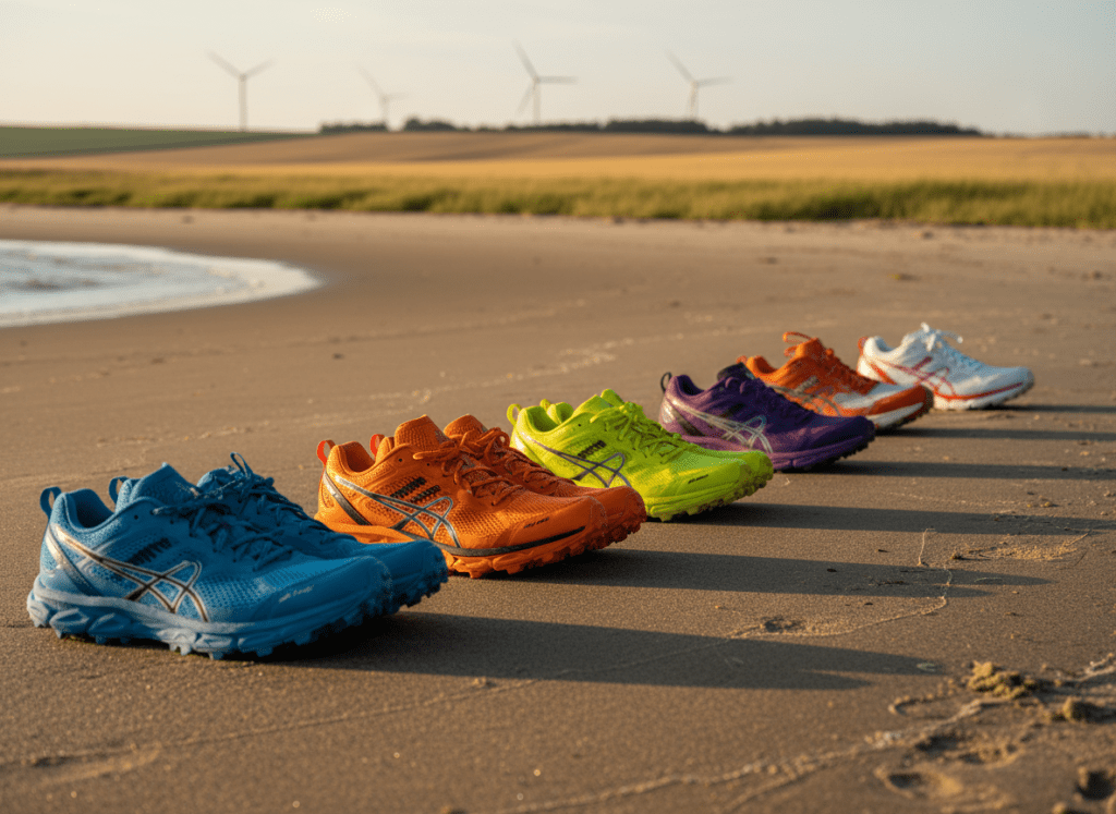 A photographic realism image of six pairs of running shoes, each distinct in color and tread pattern, lined up at the edge of a sandy Baltic Sea shoreline that curves into the distance, subtly suggesting Germany’s northern coast. The shoes face inland toward faint, hazy silhouettes of rolling fields and distant wind turbines. Late afternoon golden hour sunlight casts long, dramatic shadows behind the shoes and glints off damp sand textures and reflective shoe accents. Captured from a low, eye-level perspective with the shoes in sharp focus and the horizon slightly blurred, the mood is bold, anticipatory, and full of forward momentum, symbolizing the start of an epic relay run across Germany.